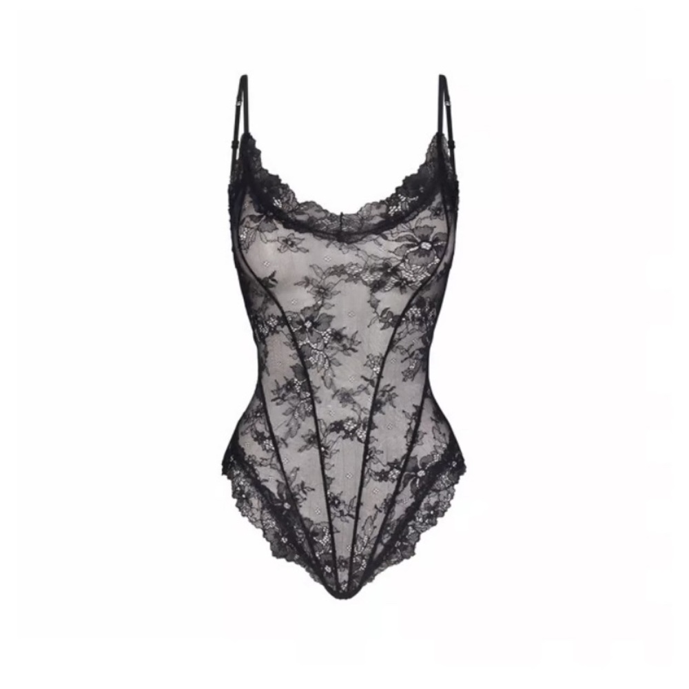 SKIMS Black Chemise with Floral Lace